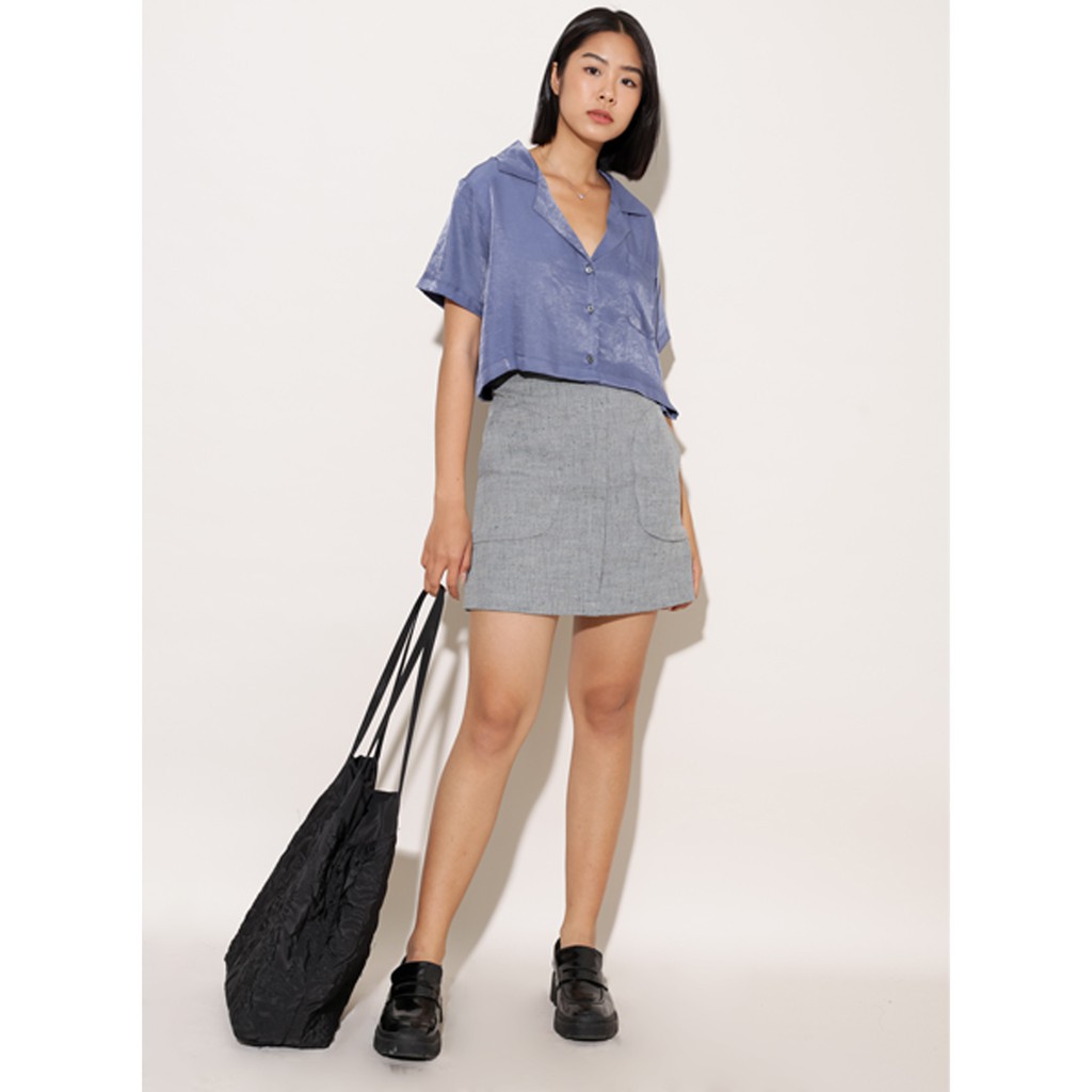 Áo sơ mi croptop ngắn tay thời trang GAGO basic plain danton collar croptop màu xanh dương GA3264  ཾ ྆