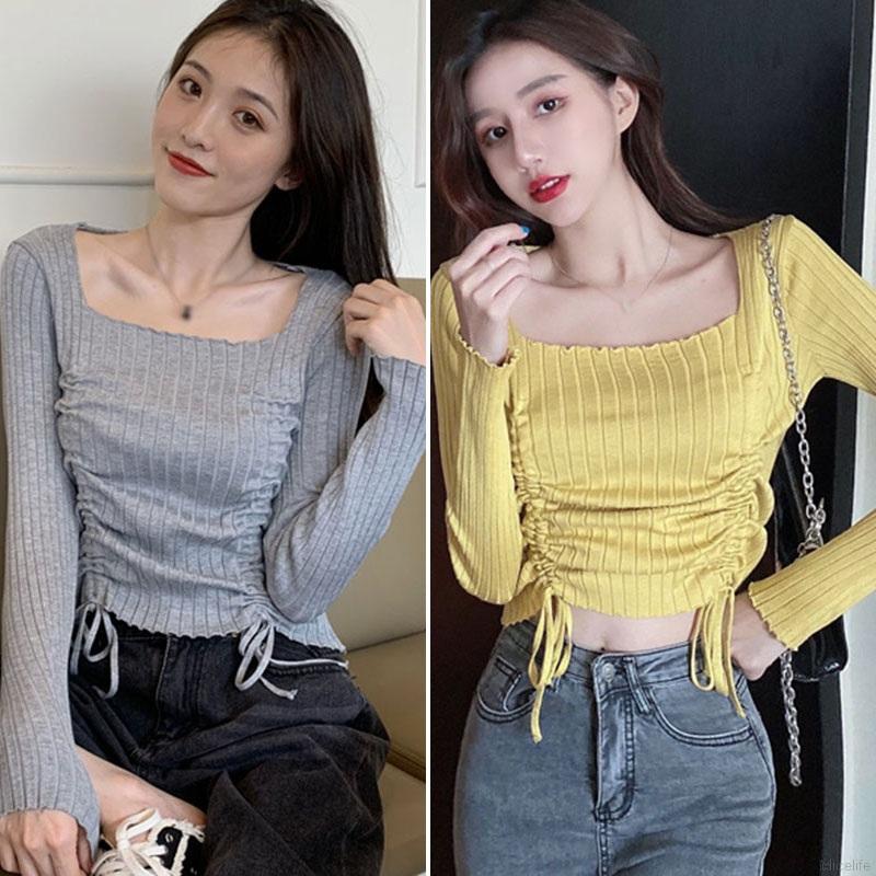 Áo Dệt Kim Tay Dài Cổ Vuông Phong Cách Hàn Quốc