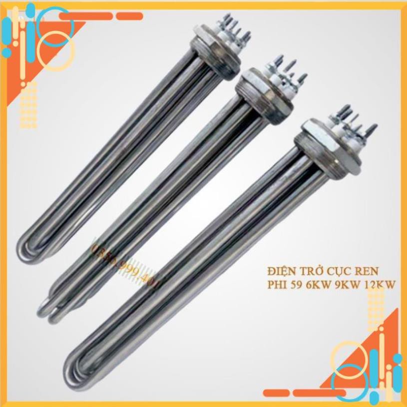 Điện trở nhiệt cục ren Inox phi 59, Thanh nhiệt Inox 304 kích thước ren 59mm 6kw 9kw 12kw