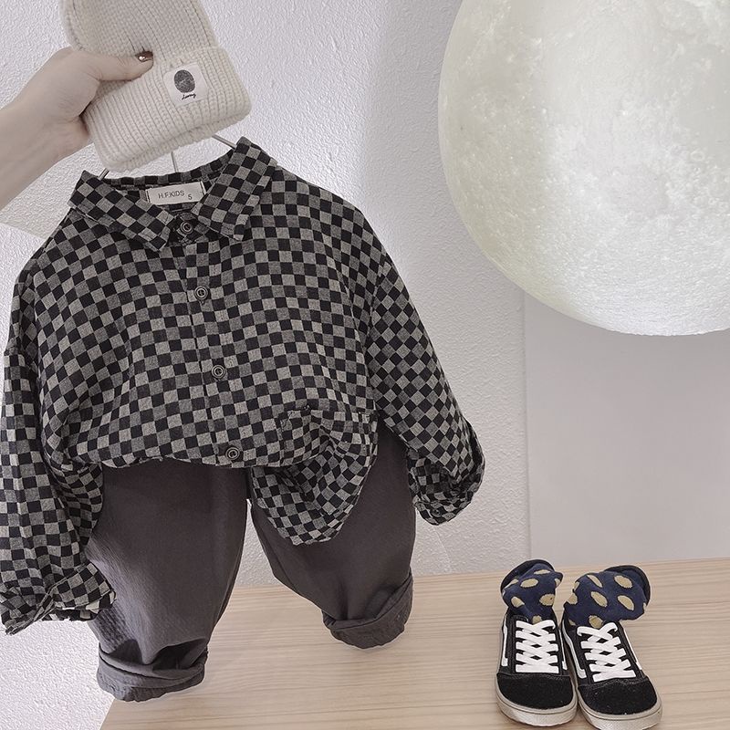 Áo Sơ Mi Caro Chất Liệu Cotton Mềm Mại Phong Cách Retro Hàn Quốc Cho Bé Trai
