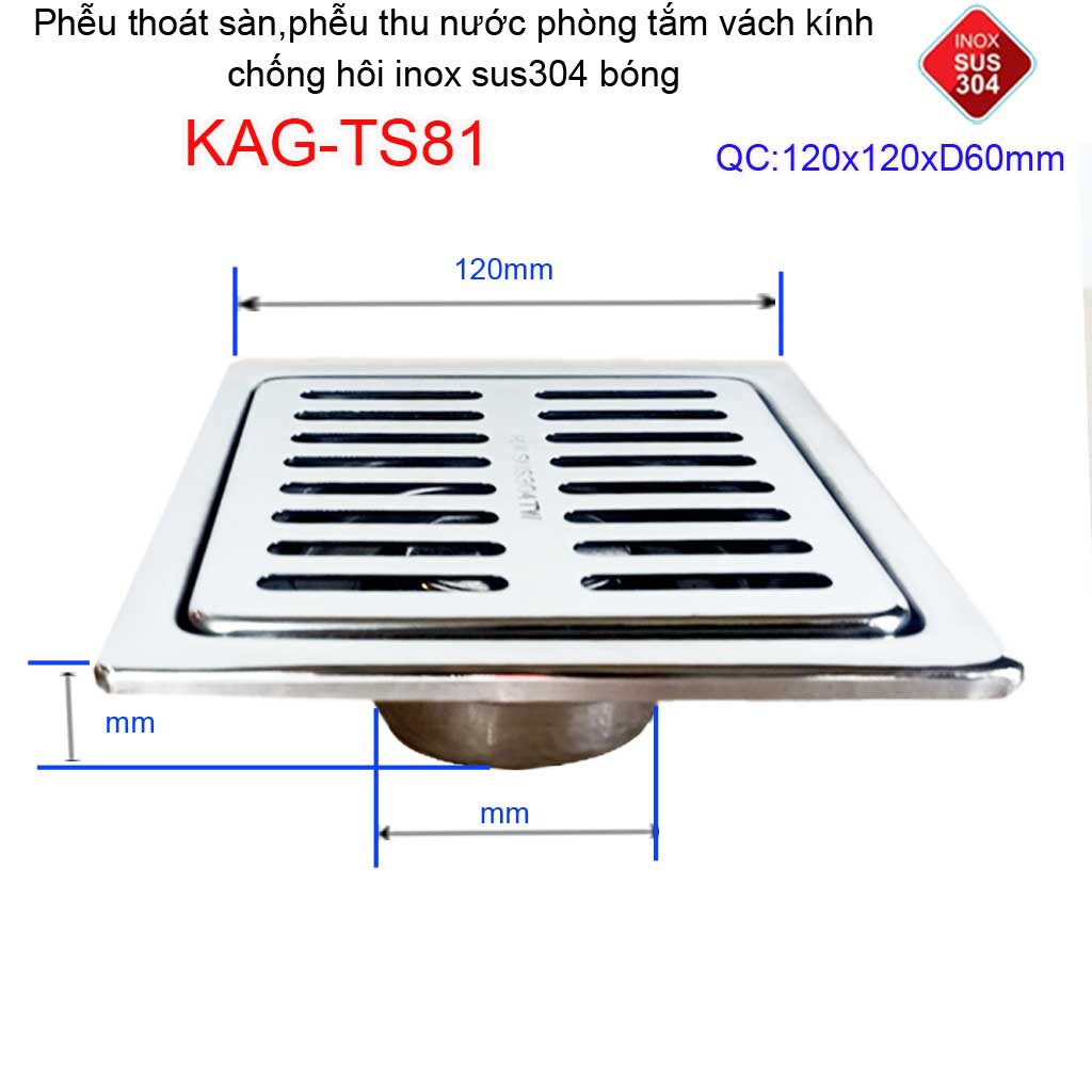 Phễu thoát sàn 12x12cm KAG-TS81(D60cm) inox 304 ga thoát sàn12x12cm cho ống 60mm, thoát sàn mặt sọc thoát nhanh chặn tóc