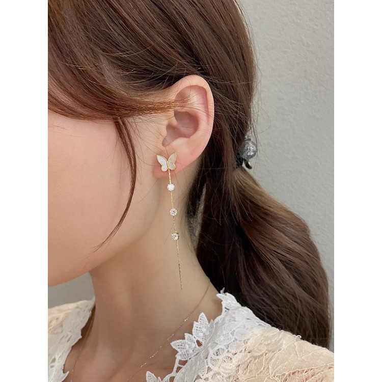 Bông tai mạ bạc 925 dáng dài hình bướm phong cách Hàn Quốc thời trang mới