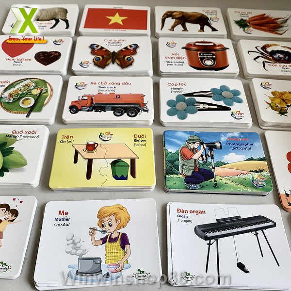 Bộ thẻ học thông minh 16 chủ đề 416 thẻ Chủ Đề Song Ngữ Anh-Việt Flashcards đồ dùng dạy học cho bé học từ vựng- Asam