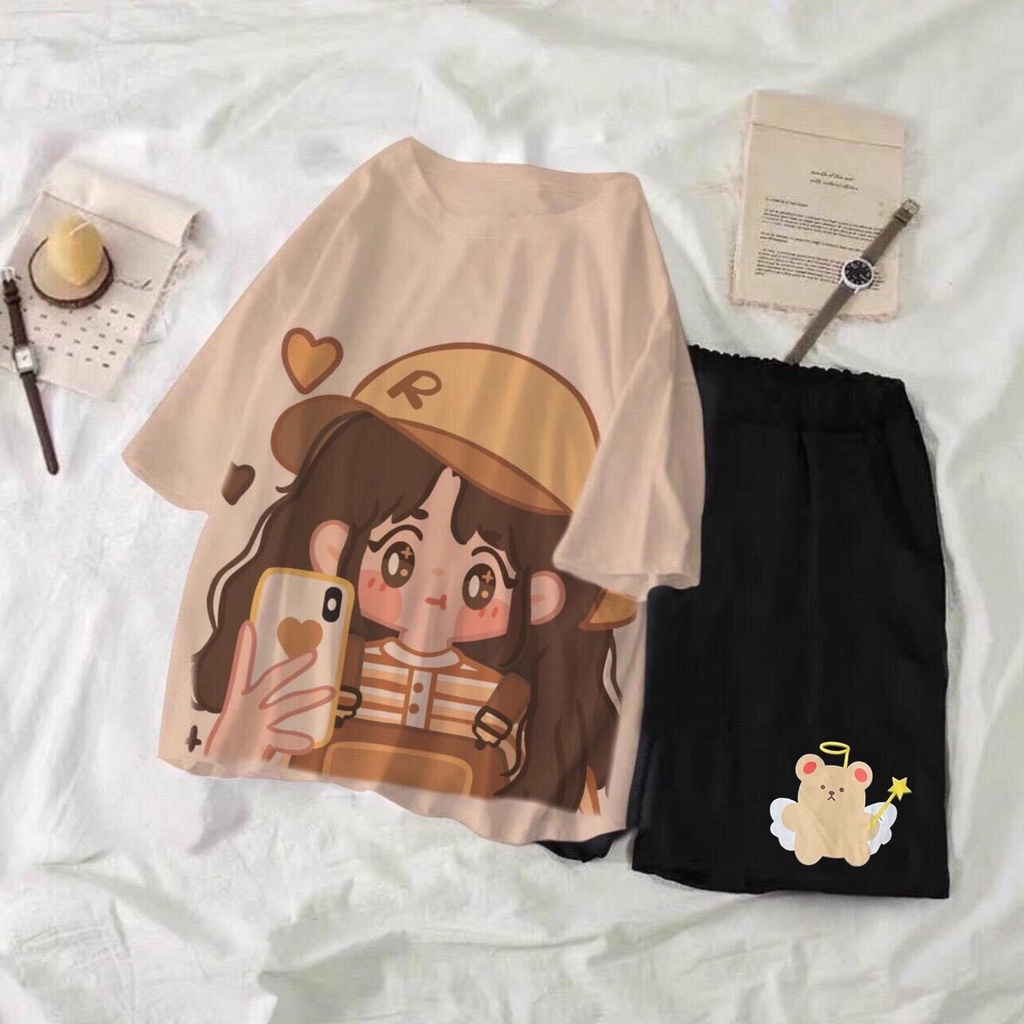 Set đồ bộ hoạt hình ❤️ Bộ mặc nhà Cartoon GIRL SELFIE form rộng Freesize Unisex nam nữ Molly Fashion
