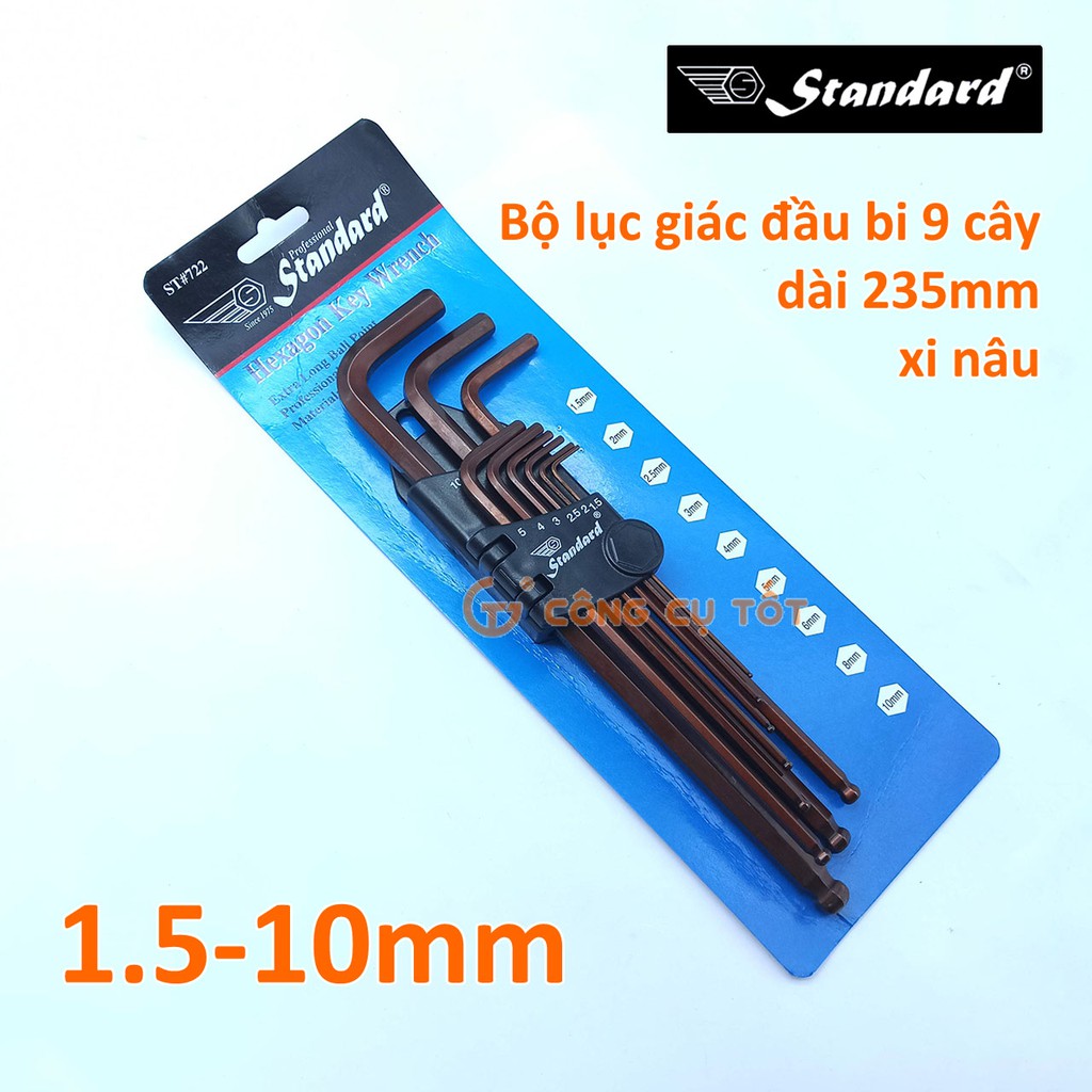 Bộ lục giác 9 cây đầu bi 1.5-10mm Standard xi NÂU dài 235mm