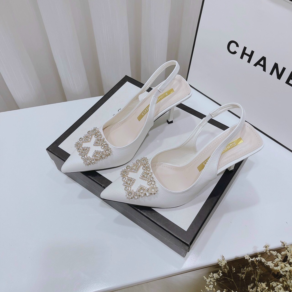 Giày sandal nữ, giày cao gót mũi nhọn chất da phốt với đá quai thun đế 5p đi êm chân -K2