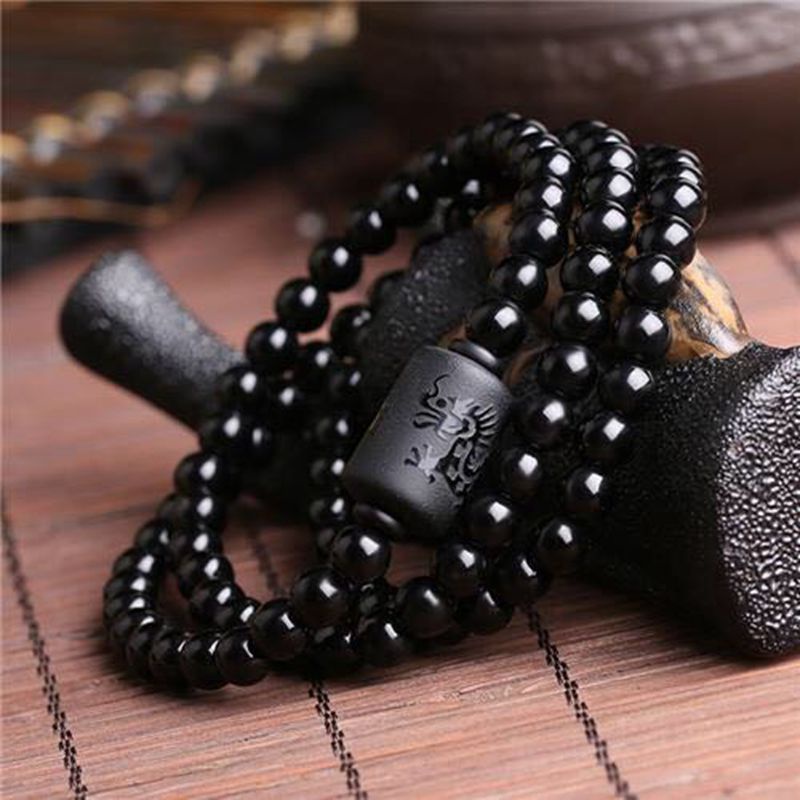 Vòng Tay Chuỗi Hạt Đá Obsidian Màu Đen Kích Thước 6/8/10/12mm Phong Cách Unisex