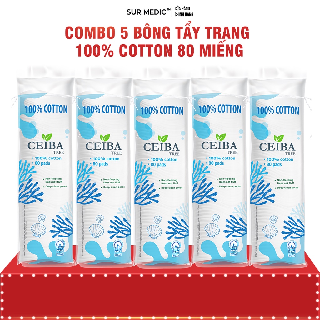 COMBO 5 Bông Tẩy Trang Ceiba 100% Cotton Siêu Tiết Kiệm Dung Dịch 80 Miếng