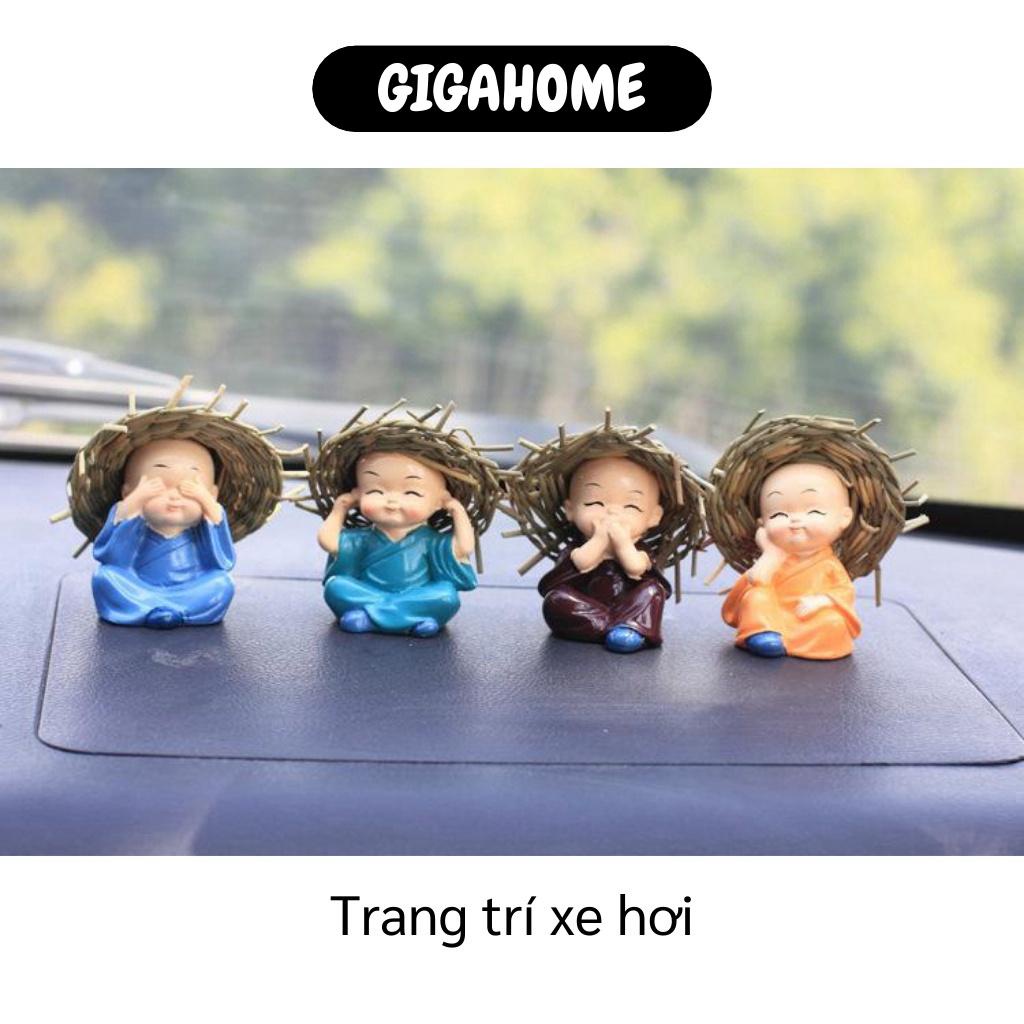 Tượng Chú Tiểu GIGAHOME Combo 4 Tượng Chú Tiểu Đội Nón Rơm Trang Trí Xe Hơi, Nhà Cửa 5325