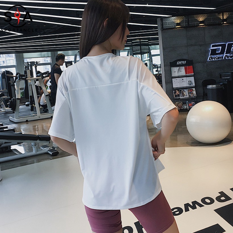 Áo thun thể thao tay ngắn form rộng màu trơn thoáng khí cho nữ