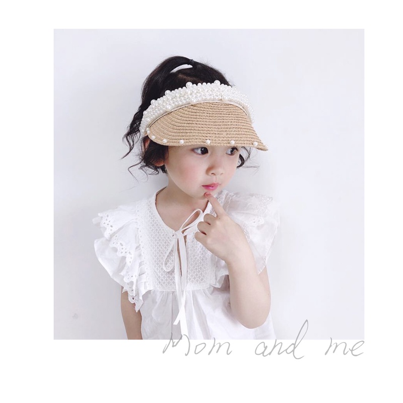 Mũ Cói Che Nắng Hở Chóp Đính Ngọc Trai Kiểu Công Chúa Dễ Thương Cho Mẹ Và Bé