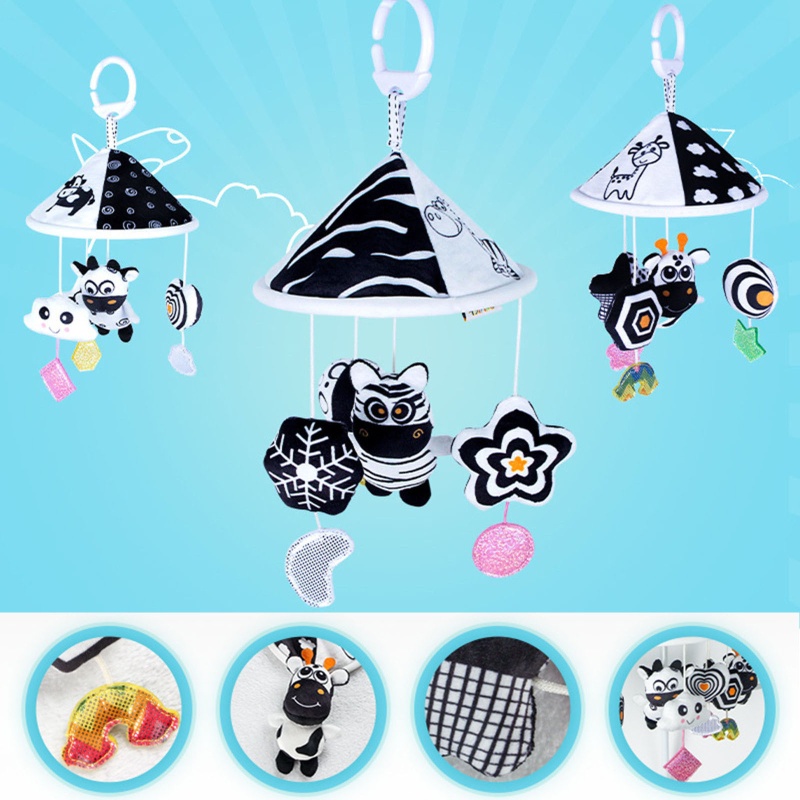 Đồ Chơi Treo Xe Đẩy Em Bé Hình Ngựa Vằn / Bò Sữa / Hươu Nhồi Bông Màu Trắng Đen Có Chuông Kêu 3 / 6 / 9 Phút
