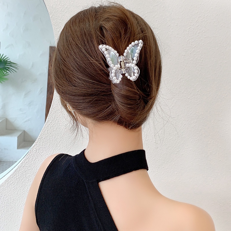 Kẹp tóc hình bướm trong suốt đính ngọc trai thời trang Hàn Quốc