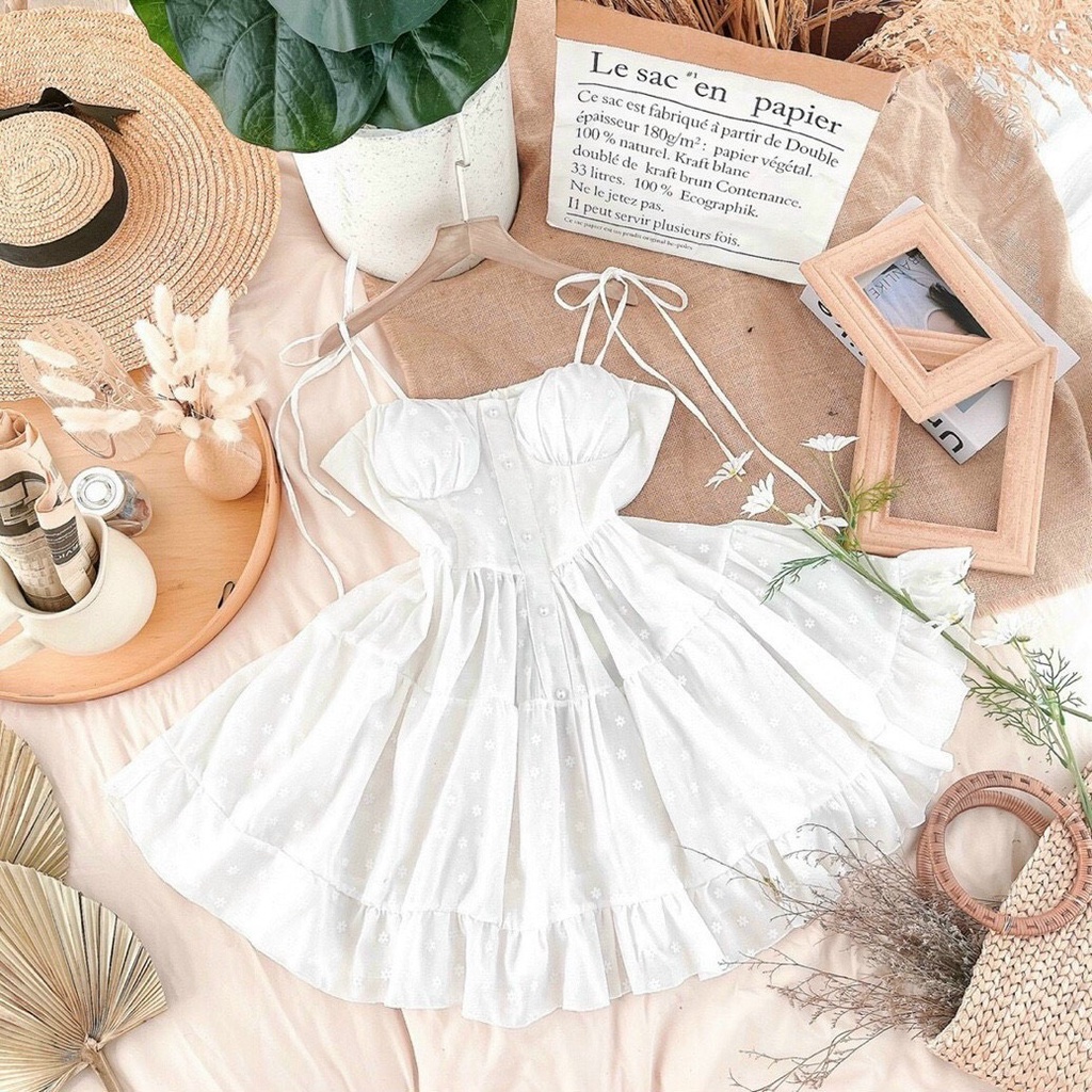 Đầm xoè 2s trắng hoa nổi  𝐊𝐄̀𝐌 𝐀̉𝐍𝐇 𝐓𝐇𝐀̣̂𝐓  𝐁𝐀𝐎 𝐊𝐈𝐄̂̉𝐌 ❌