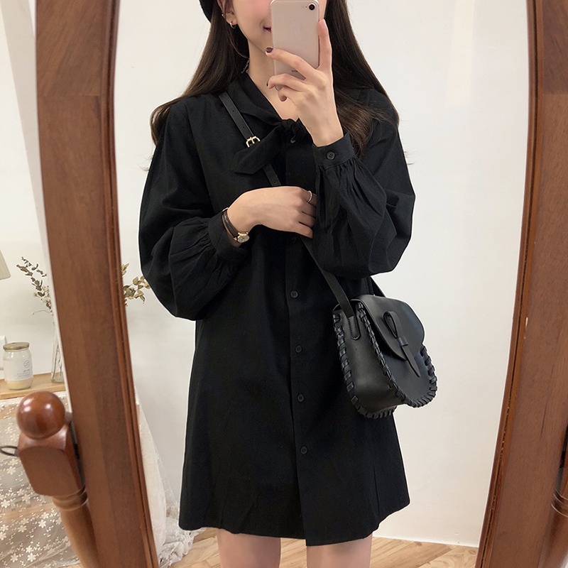 SUXI Đầm Tay Dài Dáng Rộng Màu Sắc Đơn Giản Phong Cách Vintage Hàn Quốc