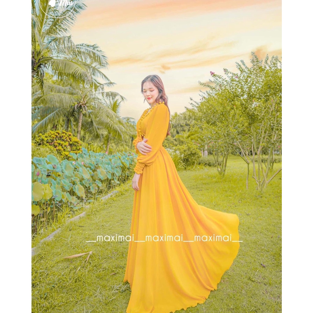 Đầm maxi dáng xoè cut eo bo chun tay, chụp hình đi du lịch siêu ảo HAKIEU
