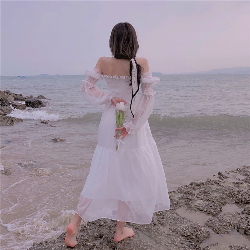 Đầm Tay Dài Trễ Vai Phối Lưới Thời Trang Mùa Thu Cho Nữ