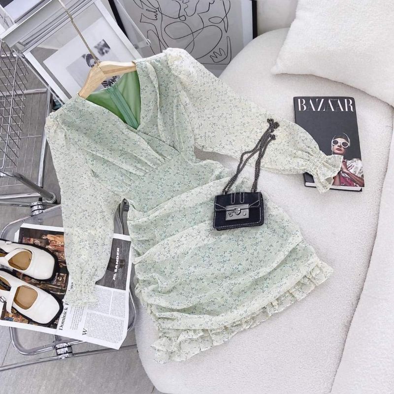 Đầm hoa xanh đắp chéo DD192