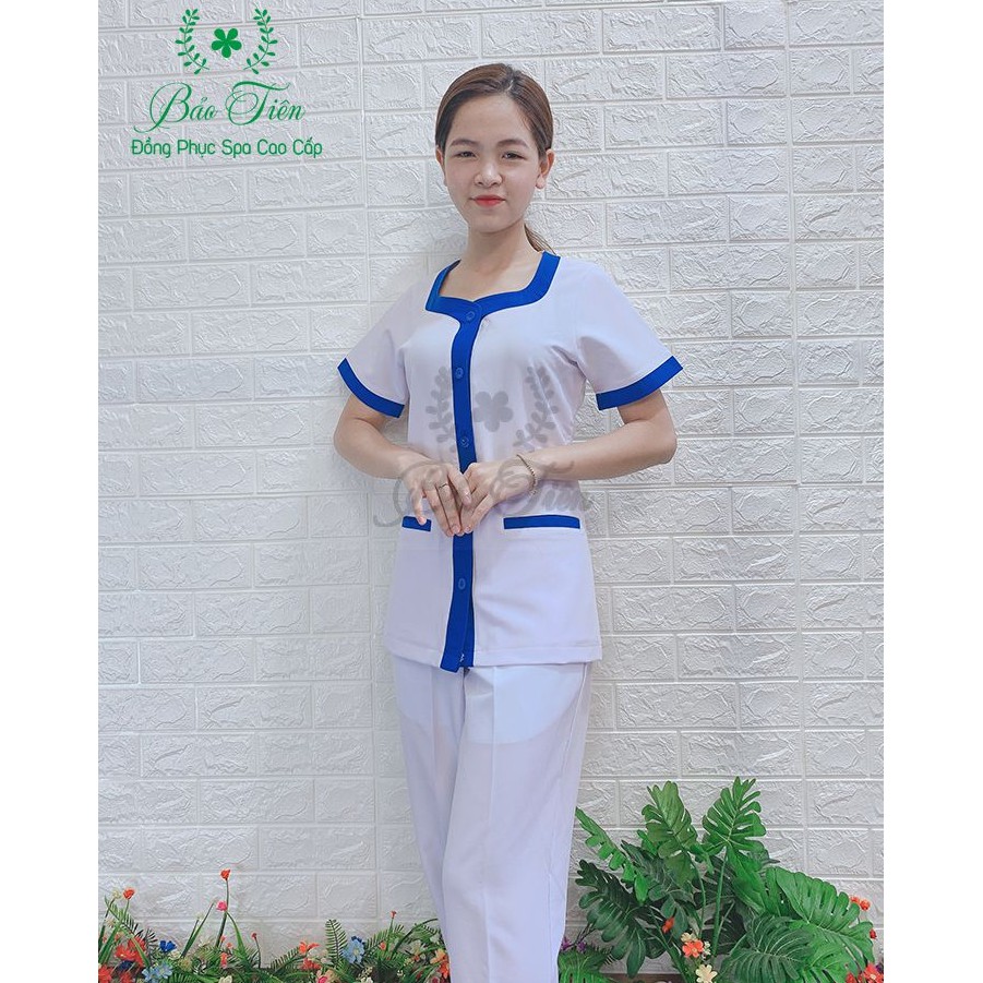 Bộ Đồng Phục Spa - Thẩm Mỹ Cao Cấp Màu Trắng Viền Xanh Dương