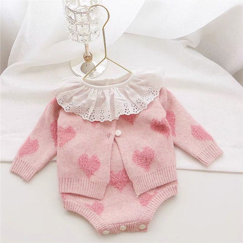 Set áo khoác body len trái tim_