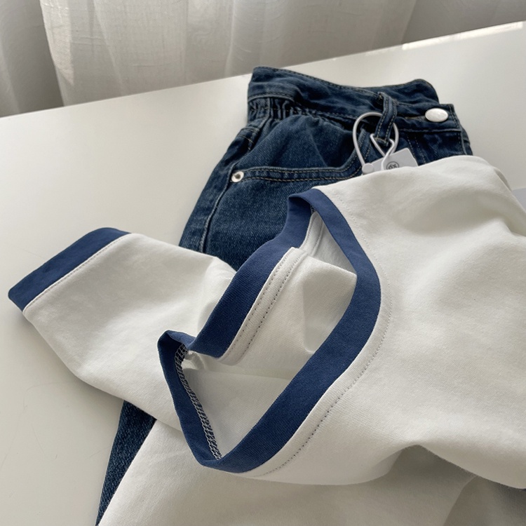 Áo phông ngắn tay viền cổ và tay áo hình in con vịt dáng rộng phong cách dễ thương