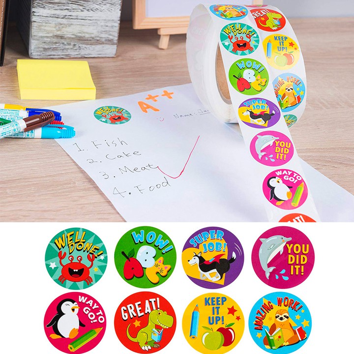 Cuộn 500 sticker nhãn dán khích lệ khen thưởng học tập cho bé yêu với nhiều họa tiết kèm slogan BBShine – ST010