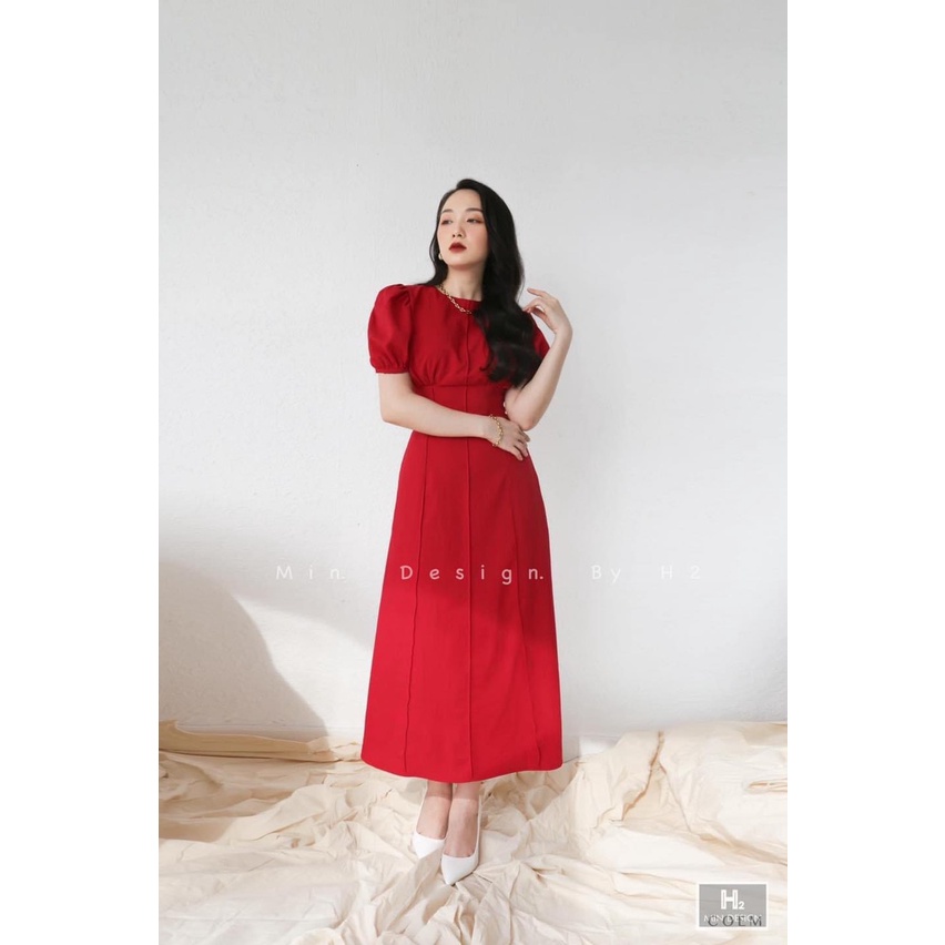 váy đỏ tay bồng dáng dài dáng ôm eo chân chữ A dài maxi cổ tròn xếp ly ngực tiểu thư sang chảnh đi làm đi chơi