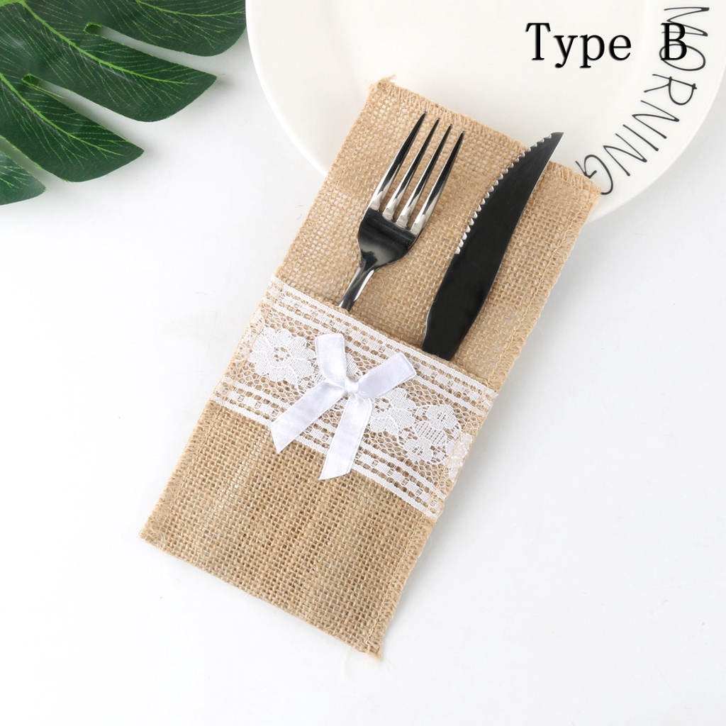 Set 10 túi đựng dao nĩa bằng vải bố phối ren dùng trang trí bàn tiệc