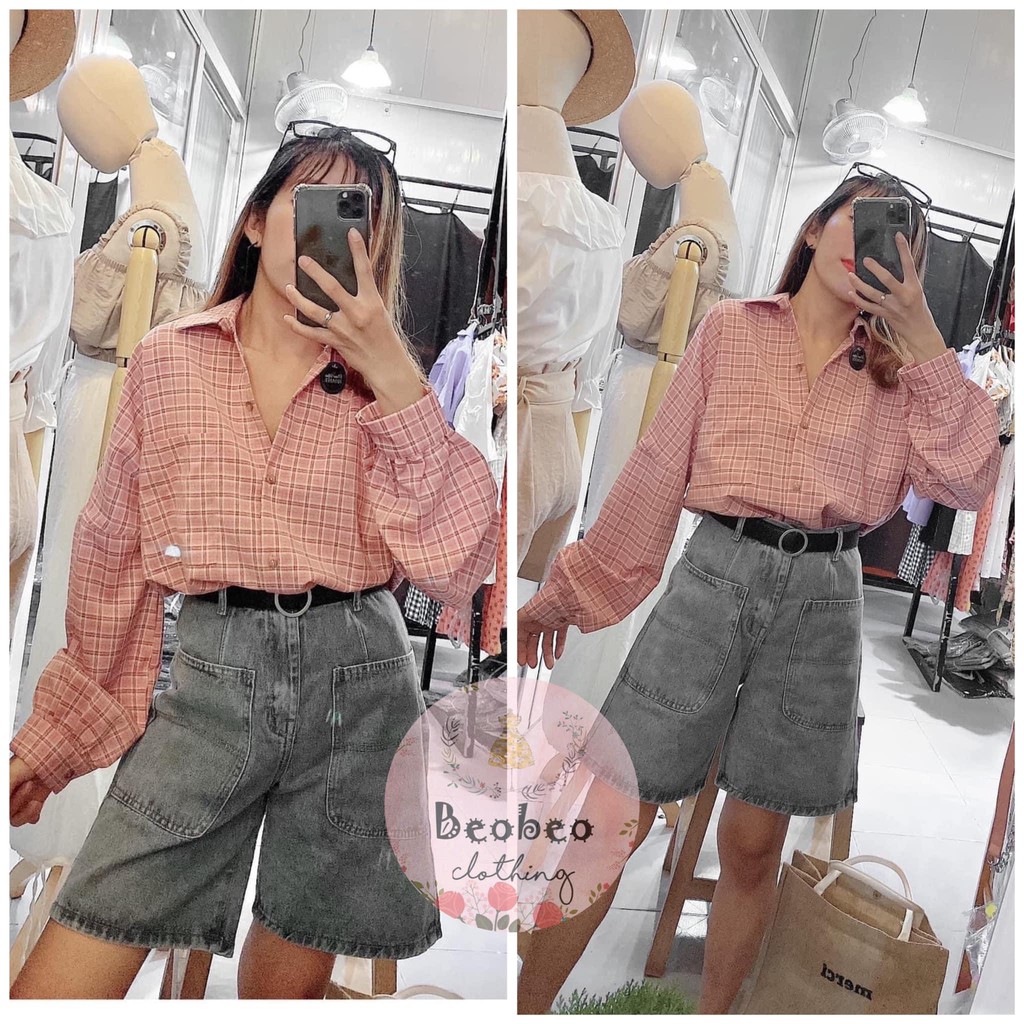 Áo sơ mi oversize sọc caro 4 màu pastel tay phồng