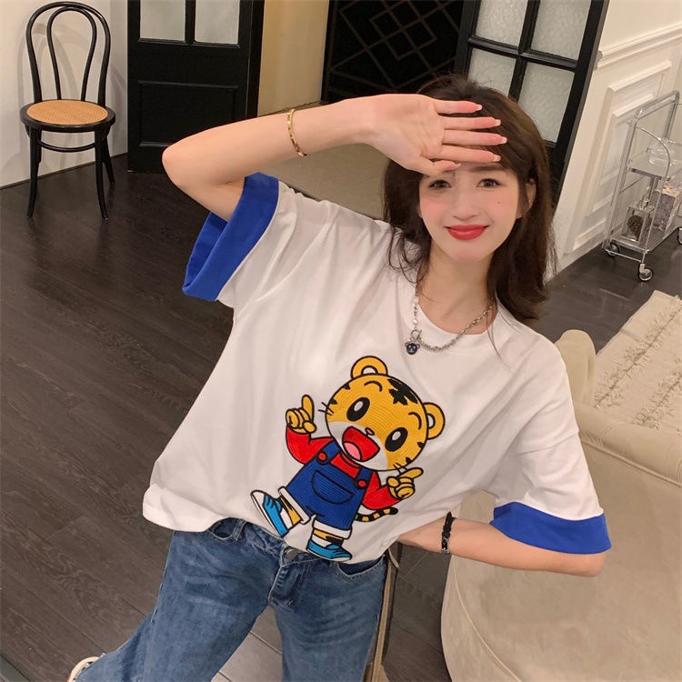 Áo Thun Tay Ngắn Cổ Tròn Dáng Rộng Thêu Họa Tiết Hoạt Hình Phong Cách Hàn Quốc Thời Trang Mùa Hè