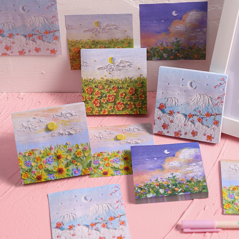 Set 50 Giấy Note Ghi Chú Hình Vuông In Họa Tiết Tranh Sơn Dầu Diy Cho Học Sinh