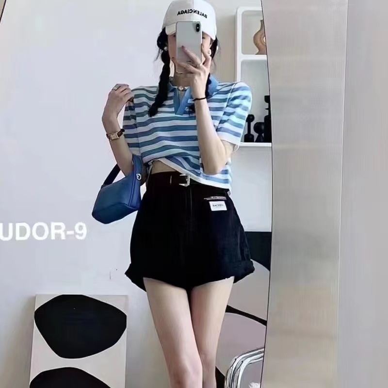 Áo thun polo NZN ngắn tay ôm dáng họa tiết kẻ sọc thời trang mùa hè phong cách Hàn Quốc cho nữ