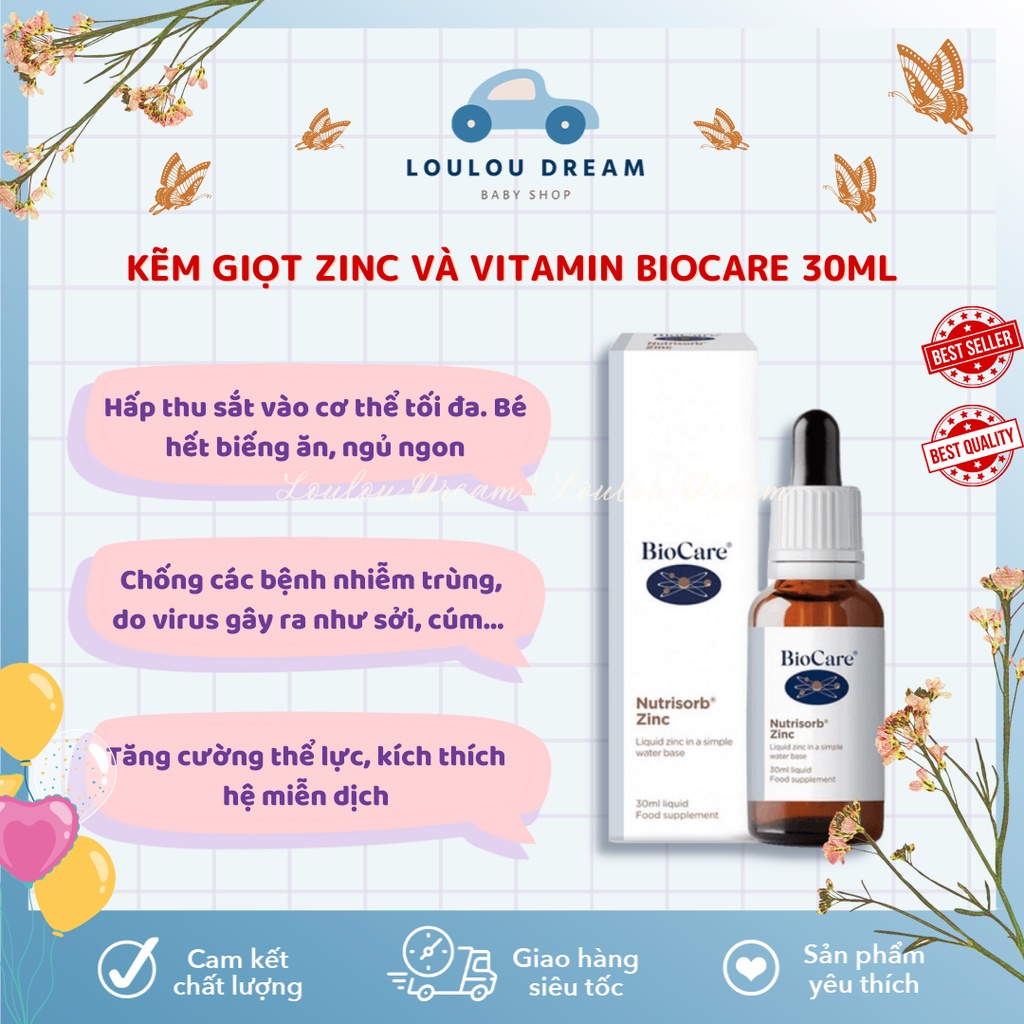 Siro kẽm nước BioCare Nutrisorb ZinC dạng giọt tăng cường đề kháng cho trẻ sơ sinh từ 1 tháng tuổi 30ml [CHÍNH HÃNG UK]