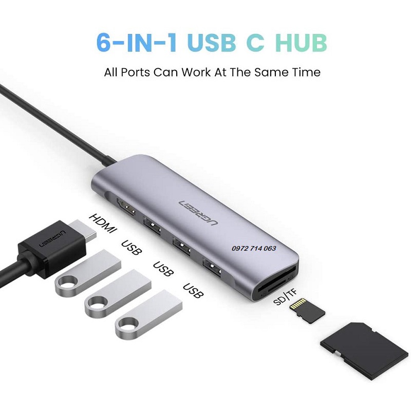Thiết bị mở rộng Ugreen USB type-C to HDMI 4K30HZ / 3 cổng USB 3.0/SD/TF chính hãng 70410