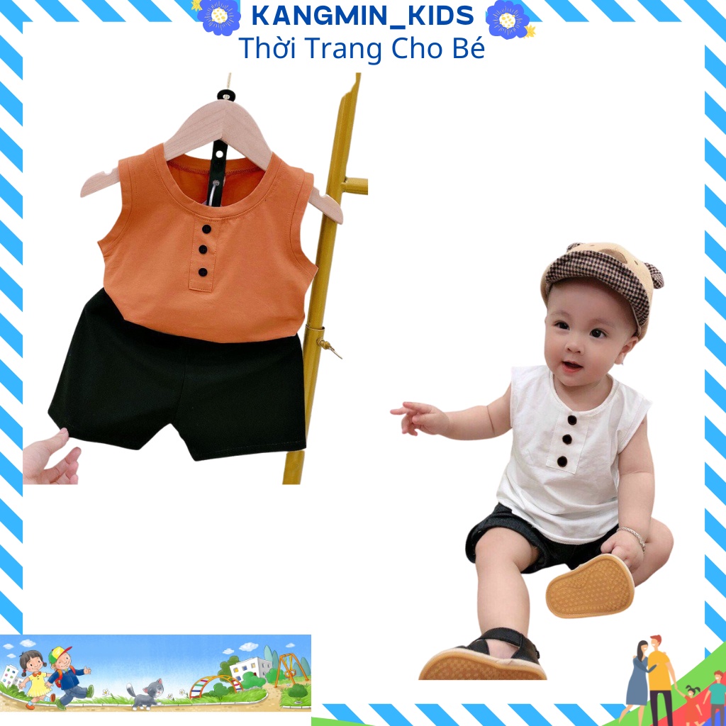 Bộ áo sát nách ba lỗ cúc cho bé trai Kangmin kids , quần áo thun bé trai QATEC02, quần áo trẻ em từ 6-18kg