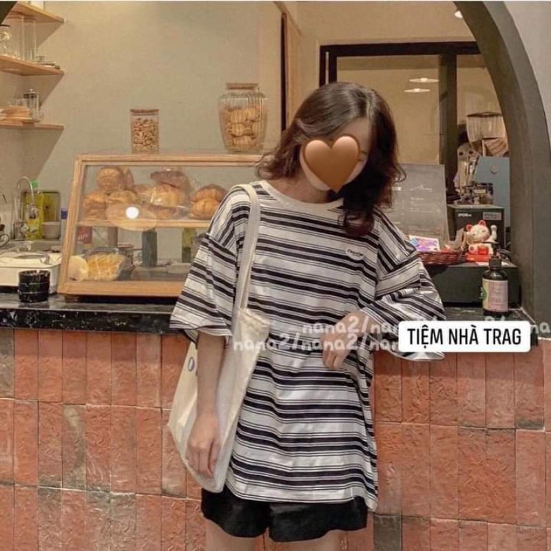 [Rẻ Vô Địch] Áo cotton tay lỡ Unisex mặc đôi ,nhóm , lớp------ Áo kẻ ngang in logo