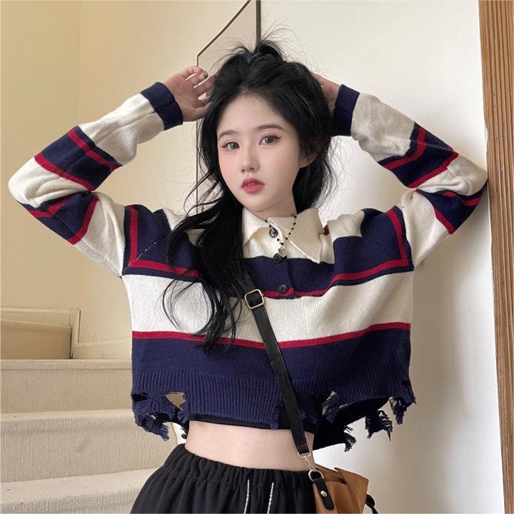 ZHELIHANGFEI Áo thun dáng ngắn tay dài kẻ sọc ngang thời trang cho nữ