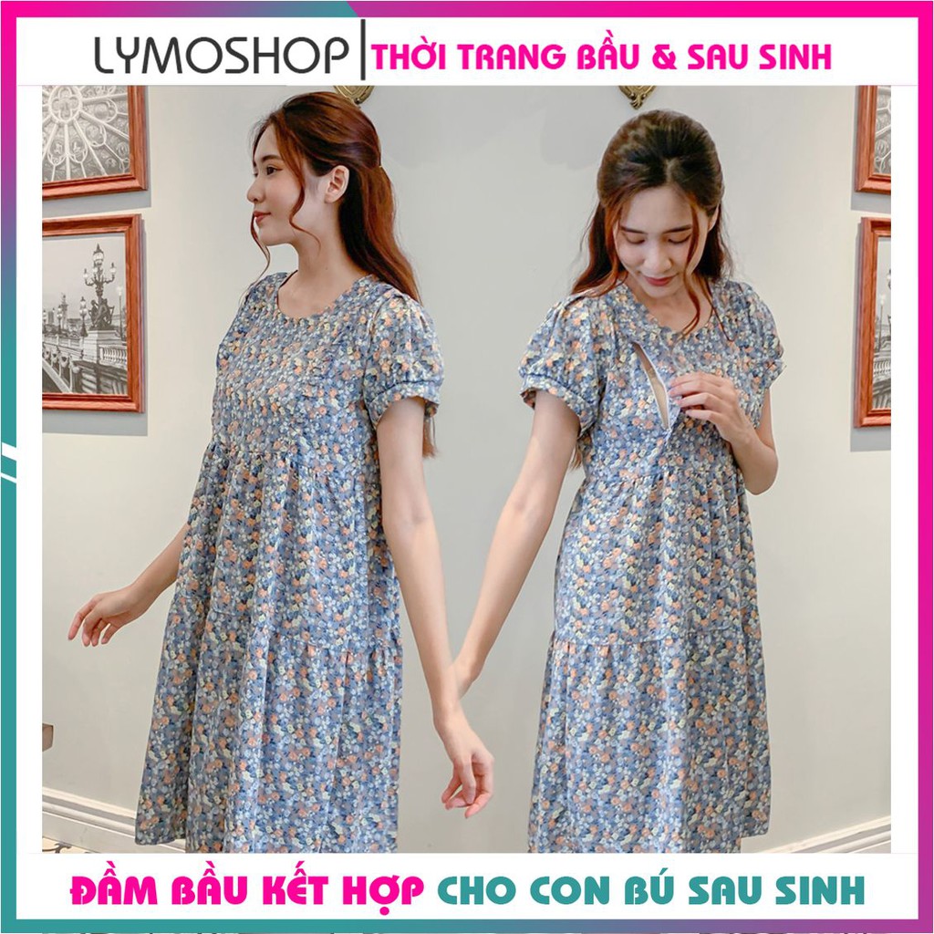 Đầm bầu kết hợp cho con bú sau sinh dáng babydoll ba tầng hoa nhí bèo ngực MOLYS VM6644 cúc điều chỉnh mặc hết thai kỳ