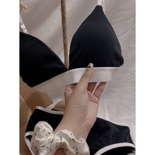 Set đồ lót thun gân cotton đen viền trắng - Dolce Bra - The Heidi- Hàng handmade | BigBuy360 - bigbuy360.vn