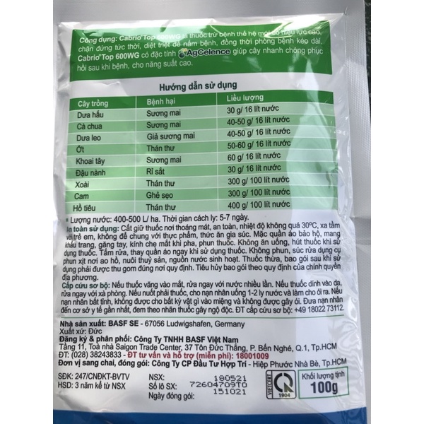 Sản phẩm trừ bệnh sương mai Cabriotop, giả sương mai