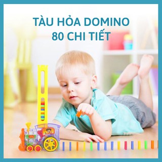 Đồ chơi Xe lửa Domino 80 chi tiết cho bé - Chạy pin, có phát nhạc, phát sáng - TẶNG KÈM PIN