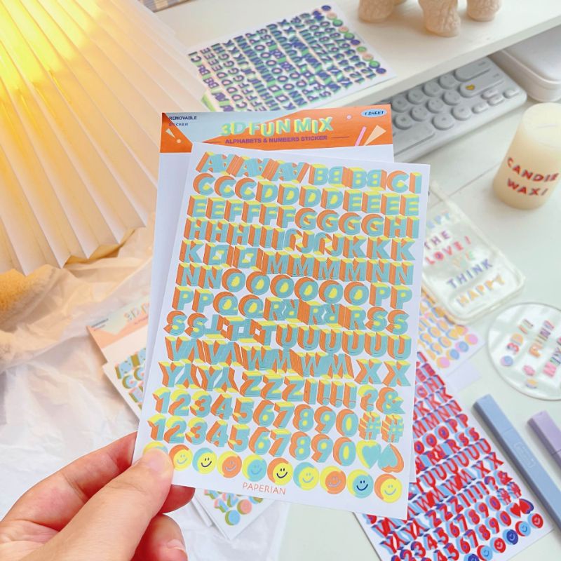 Tấm sticker chữ cái và số 3D trang trí sổ, toploader