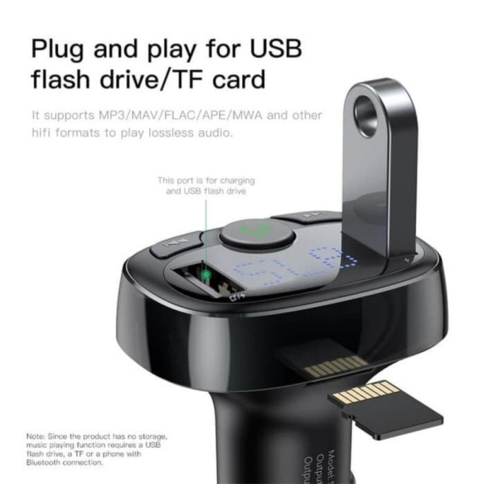 Tẩu sạc oto Baseus S09 A có thẻ nhớ TF Mp3 không dây cao cấp bluetooth điện thoại, 2 cổng sạc USB,Nhận cuộc gọi đến, led