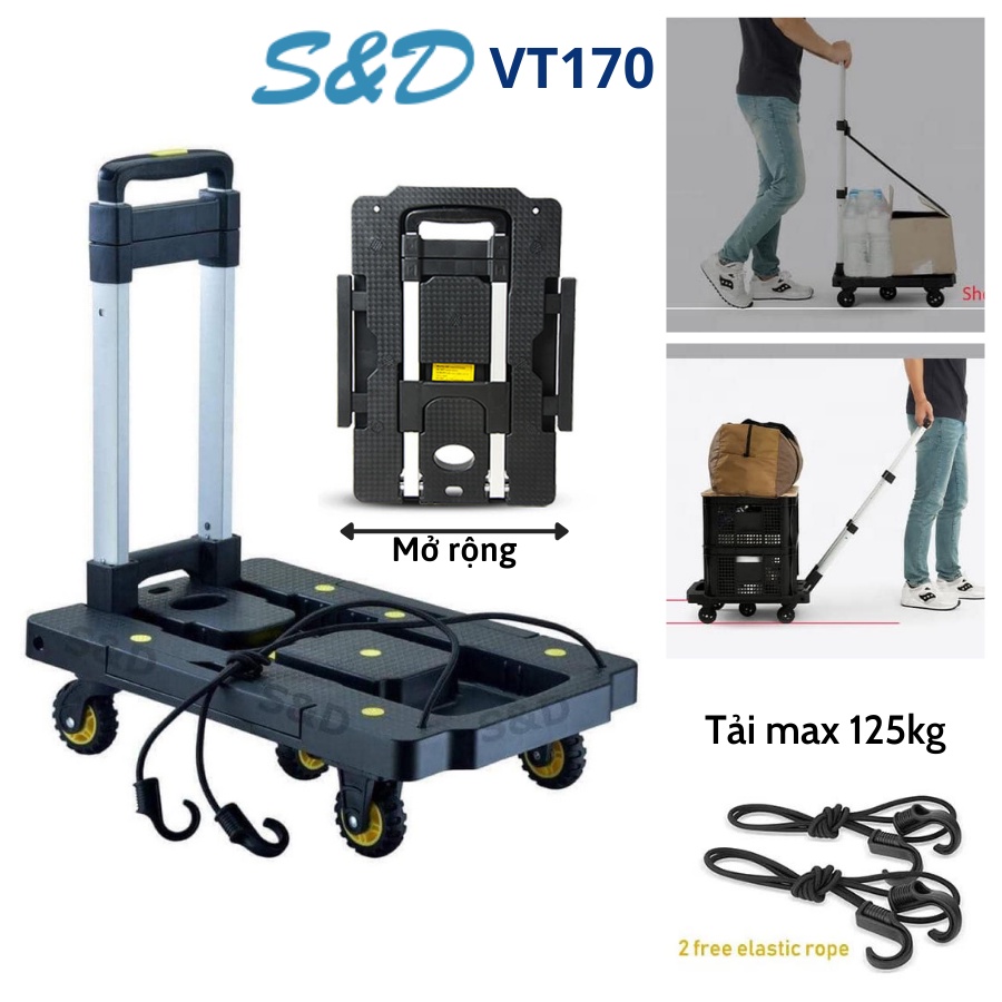 [HÀNG LOẠI 1][BÁNH TO] Xe Kéo Đẩy Hàng VT-170 Siêu Gấp Gọn (5 bánh), Tải max 125kg KÈM 2 DÂY