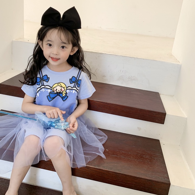 Đầm Công Chúa Ba Màu Phối Lưới Họa Tiết Hoạt Hình Đáng Yêu Cho Bé Gái