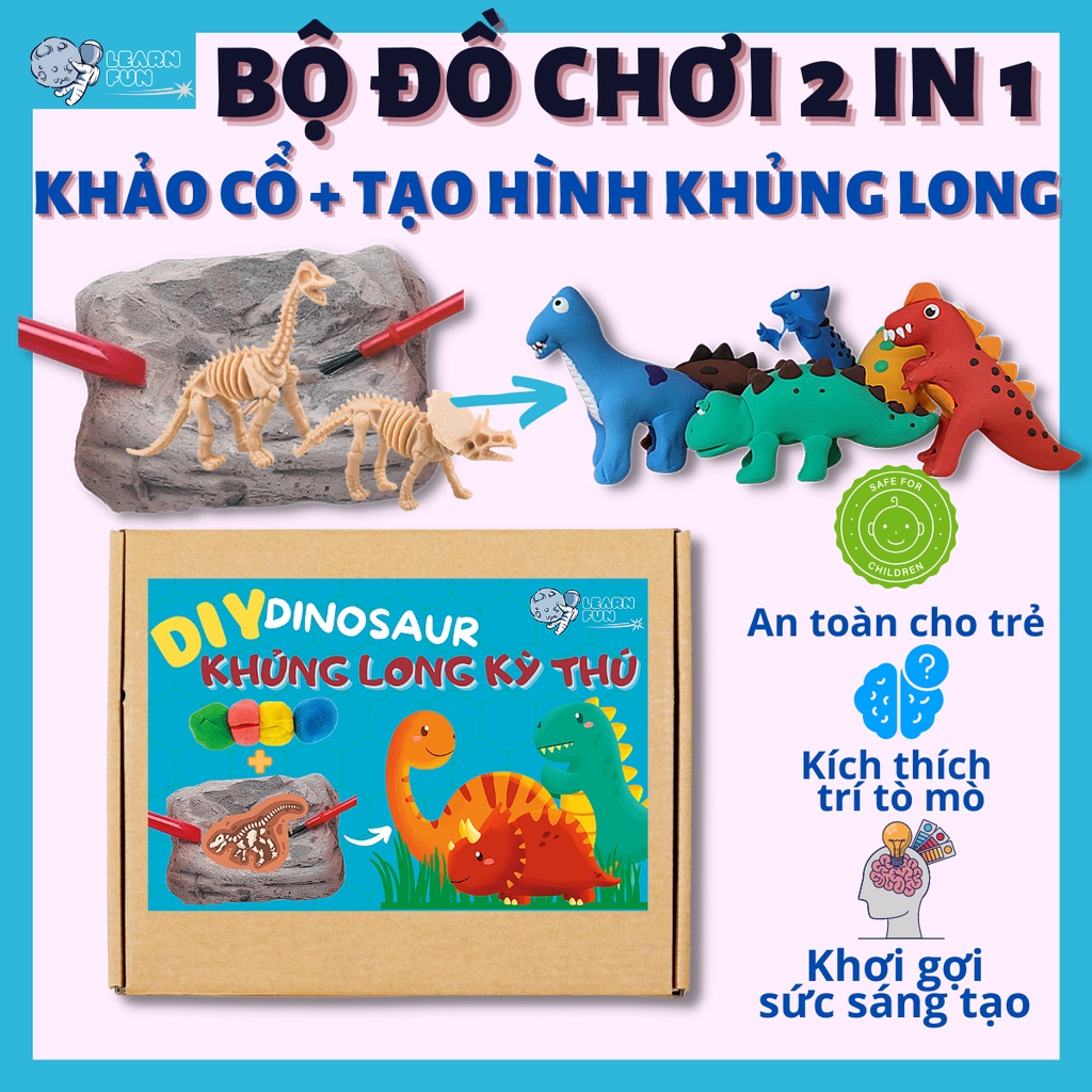 [2 IN 1] Bộ Đồ chơi giáo dục trẻ em khảo cổ khủng long và DIY nặn đất sét tạo hình khủng long Đất sét Nhật tự khô AnToàn