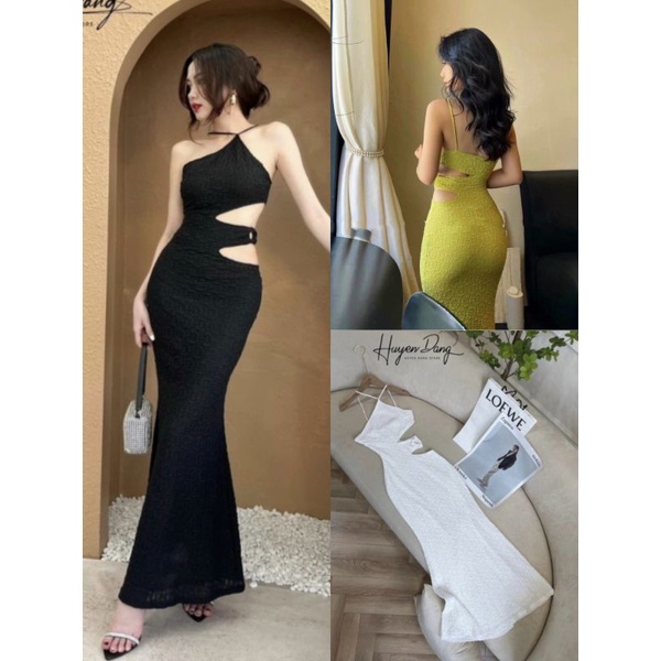 Đầm Khoét Eo 1 Bên Mặc Kiểu Cổ Yếm Hoặc Lệch Vai - Dáng Dài Maxi Form Ôm Body Sexy Sang Chảnh - Thun Gân Xương Cá