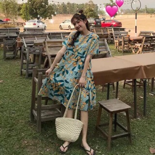 Đầm suông babydoll hoạ tiết hoa lá - Xanh