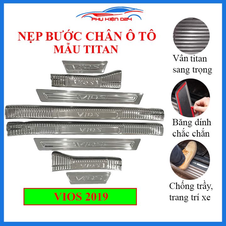 Bộ ốp bậc cửa trong ngoài nẹp bước chân Vios 2019 vân Titan chống trầy trang trí xe