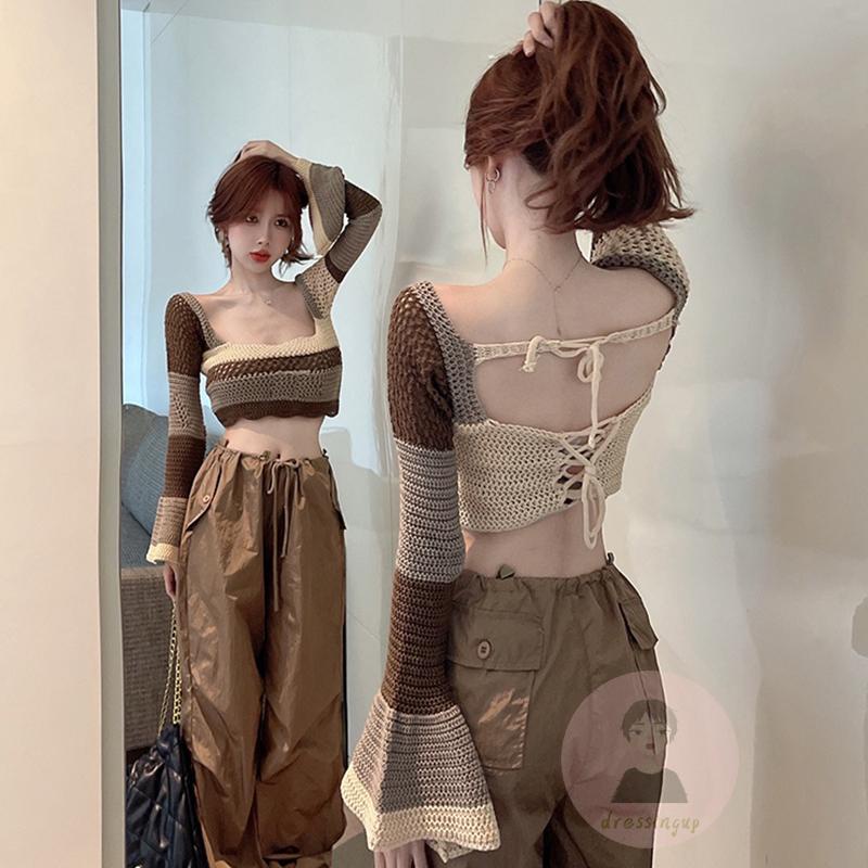 Áo Thun Dệt Kim Tay Dài Màu Sắc Tương Phản Thời Trang Cho Nữ